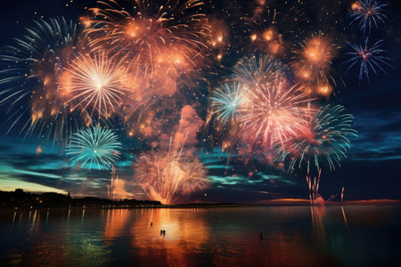 Enjoy a stunning fireworks display over a body of water, showcasing vibrant colors and illuminating the night sky, Fireworks lighting up the midnight sky on New YearÃ¢â¬â¢s Eve, AI Generatedの素材