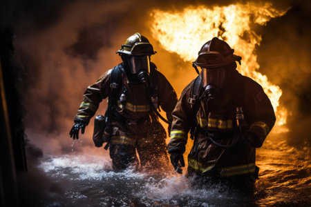 Two brave firefighters wade through water, facing a raging fire with unwavering determination, Firefighter Rescue Training In Fire Fighting, AI Generatedの素材