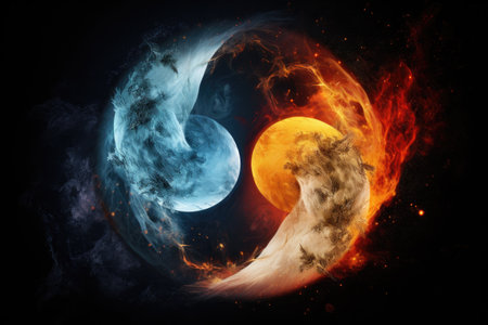 This image depicts two planets suspended in space, set against a black backdrop, showcasing the beauty of the cosmos, Fire and Ice climate in the Yin and Yang on dark background, AI Generatedの素材