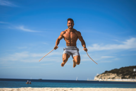 A man jumps high in the air, enjoying an active moment of recreation on a beautiful beach, Fit man jumping rope at the beach, AI Generatedの素材