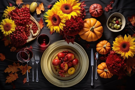 A table adorned with a vibrant plate of fresh fruit and a colorful arrangement of flowers, Flat-lay of Autumn dinner for gathering or Thanksgiving Day celebration, AI Generatedの素材