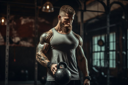 A man in a gym holding a kettle and performing a strength training exercise for a full body workout, fitness and weightlifting with kettlebell for workout, AI Generatedの素材