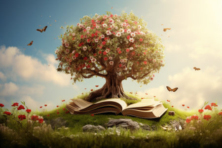 An open book rests gracefully atop a vibrant, verdant field, symbolizing the harmonious union of nature and knowledge, Flower apple tree and book background, AI Generatedの素材