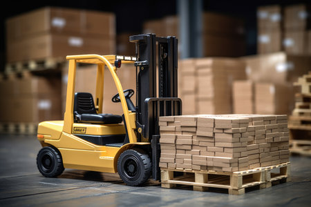 A forklift is parked in the foreground with a stack of boxes visible in the background, Forklift stuffing-unstuffing pallets of cargo to container on warehouse leveler dock, AI Generatedの素材