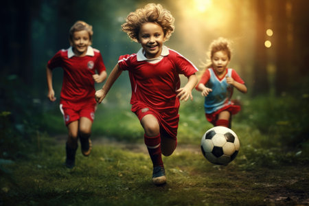 A group of young children enthusiastically playing a game of soccer together, Football soccer training for kids, children football training scene, AI Generatedの素材