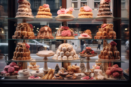 An extensive range of delicious pastries showcased in a single display case, French patisserie window display filled with pastries, AI Generatedの素材