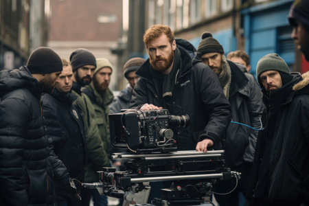 A diverse group of individuals gathered together, surrounding a camera in a casual setting, Film crew, AI Generatedの素材