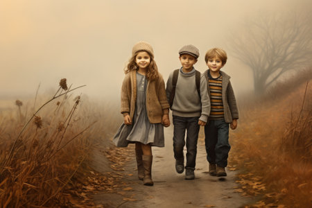 Three children walking down a path in a foggy field, Four children, siblings boys and girl, walking on a rural path on a foggy autumn day, AI Generatedの素材