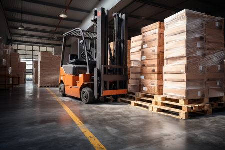 A forklift efficiently moves pallets in a well-organized warehouse setting, Forklift stuffing-unstuffing pallets of cargo to container on warehouse leveler dock, AI Generatedの素材