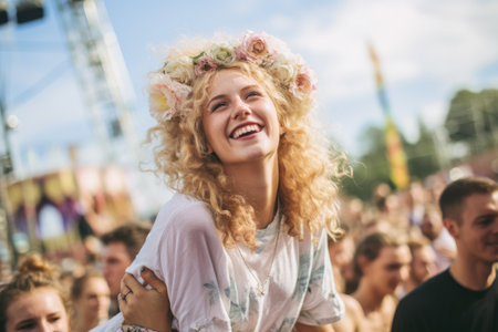 A woman wearing a flower crown on her head while enjoying a music festival, Friends carrying a birthday girl on their shoulders during an outdoor concert, AI Generatedの素材