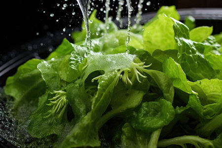 Watch as fresh lettuce is thoroughly cleaned in a bowl of water, ensuring the removal of dirt and impurities, Fresh, organic salad greens being rinsed under running water, AI Generatedの素材