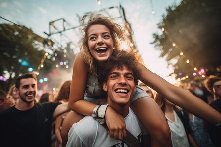 A man lifts a woman on his shoulders as they enjoy the music at a vibrant music festival, Friends carrying a birthday girl on their shoulders during an outdoor concert, AI Generatedの素材