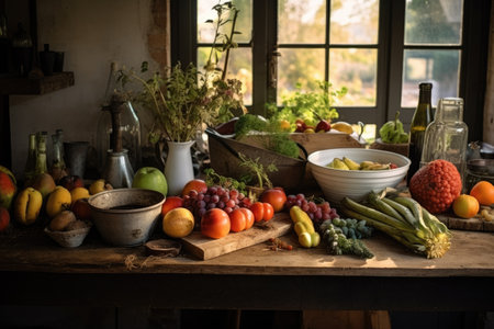 A bountiful arrangement of various fruits and vegetables displayed on a rustic wooden table, Fruits and vegetables laid out on a wooden table in a rustic kitchen setting, AI Generatedの素材