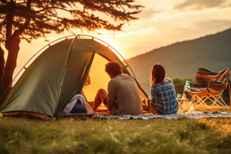 Group of People Sitting Outdoors in Front of a Tent, Enjoying the Open Air, Friends enjoying summer camping, top section cropped, side view, AI Generatedの素材