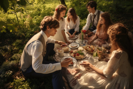 A gathering of individuals enjoying a meal together while seated at a table, Friends gathered for a garden picnic celebration, AI Generatedの素材