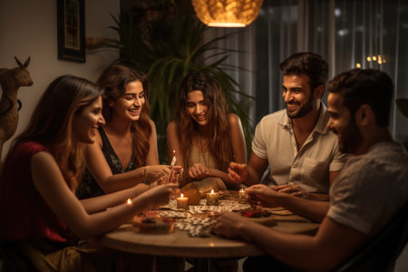 A diverse group of individuals seated at a table, their faces softly lit by candles, Friends playing cards together at home during Diwali celebration, AI Generatedの素材