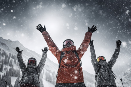 A group of individuals standing together at the top of a snow-covered slope, Friends with hands up on skiing, AI Generatedの素材