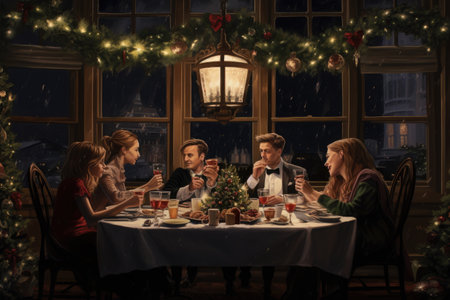 A diverse group of individuals gathered together at a dinner table, engaged in conversation while enjoying a meal, friends enjoy dinner at christmas, AI Generatedの素材