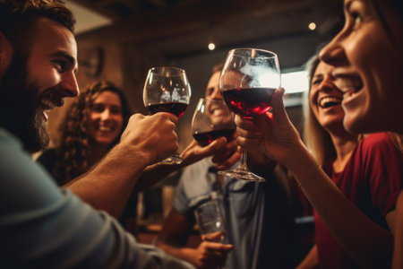 Group of People Toasting With Wine Glasses, Friends toasting red wine glass and having fun cheering at winetasting experience, AI Generatedの素材