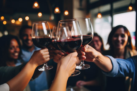 Group of People Toasting With Wine Glasses at a Celebration Party, Friends toasting red wine glass and having fun cheering at winetasting experience, AI Generatedの素材