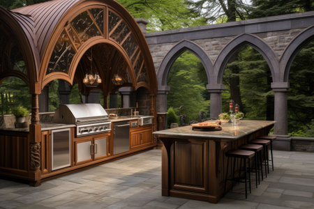 Spacious Outdoor Kitchen With Oven and Grill , Front view of an outdoor BBQ area with an arched gazebo, stainless steel BBQ, ornate wooden background, wooden cabinets, and marble tops, AI Generatedの素材