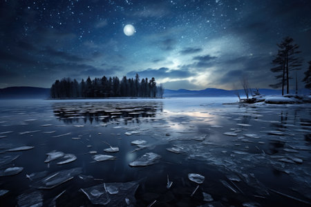 A serene lake covered in ice with a full moon casting its ethereal glow, Frozen lake surface under moonlight, AI Generatedの素材