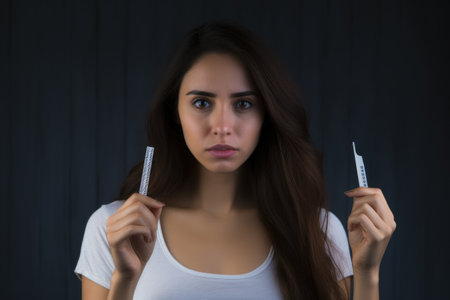 A woman holds two combs in front of her face, showcasing the tools of her daily hair routine, Frustrated disappointed woman holding a negative pregnancy test, difficulties conceiving, AI Generatedの素材