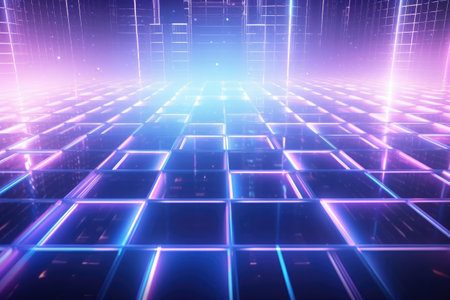 An aesthetic image of an abstract background featuring blue and purple colors and square shapes, Futuristic background with holographic floating grids, AI Generatedの素材