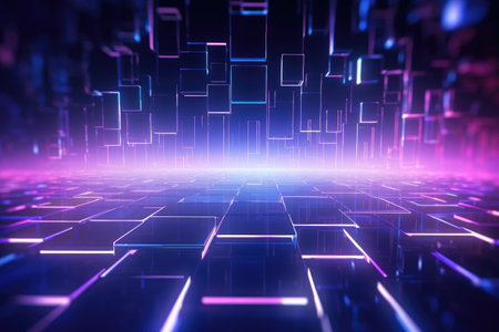 A vibrant and captivating abstract background featuring a mix of purple and blue squares, Futuristic background with holographic floating grids, AI Generatedの素材