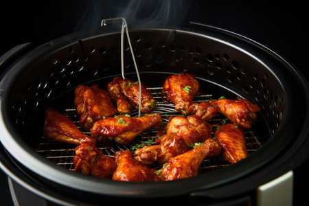 A mouthwatering close-up shot showcasing juicy and flavorful chicken wings expertly grilled to perfection, Frying BBQ chicken wings in a hot air fryer, AI Generatedの素材