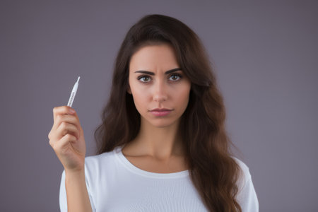 A photo of a woman holding a toothbrush, emphasizing the importance of oral hygiene, Frustrated disappointed woman holding a negative pregnancy test, difficulties conceiving, AI Generatedの素材