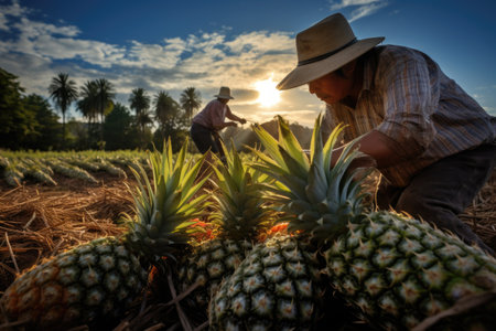 Two men are seen picking ripe pineapples in a field full of pineapple plants, Gardeners farmer picking harvest fresh pineapples, AI Generatedの素材