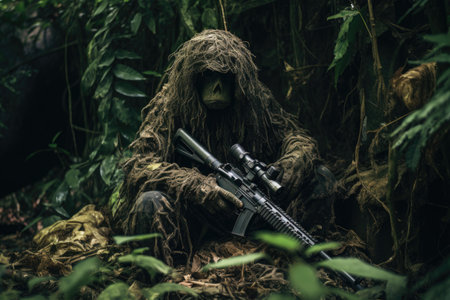 An image depicting a lone man carrying a rifle in the dense and vibrant jungle environment, Ghillie suit sniper camouflage sitting in a jungle, AI Generatedの素材