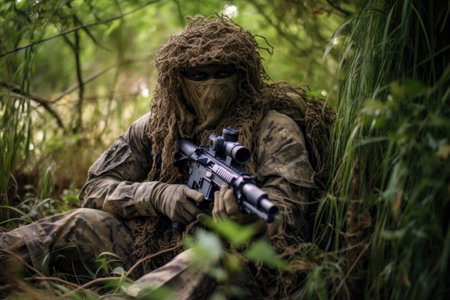 A man wearing camouflage holds a rifle in the woods, embodying the essence of hunting and survival, Ghillie suit sniper camouflage sitting in a jungle, AI Generatedの素材