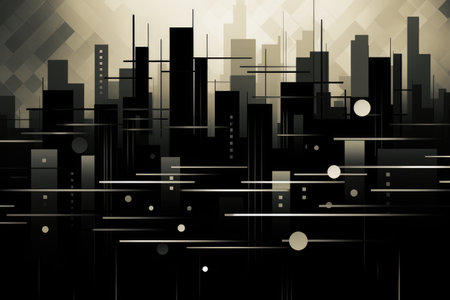 This black and white photo showcases the vibrant energy and architectural beauty of a bustling city, Geometric abstraction of a city skyline in monochrome shades, AI Generatedの素材