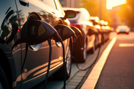 A lineup of electric vehicles connected to a charging station, ready to power up, Generic electric vehicle EV hybrid car is being charged from a wallbox, AI Generatedの素材