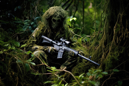 A man dressed in hunting gear stands in the woods, gripping a rifle, ready for hunting, Ghillie suit sniper camouflage sitting in a jungle, AI Generatedの素材