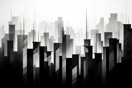 Black and White Photo of City Skyline, Captivating Urban Landscape of a Bustling Metropolis, Geometric abstraction of a city skyline in monochrome shades, AI Generatedの素材