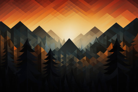 A captivating painting featuring a serene landscape of trees and mountains, complemented by the warm hues of a setting sun, Geometric abstraction of a forest at sunrise, AI Generatedの素材