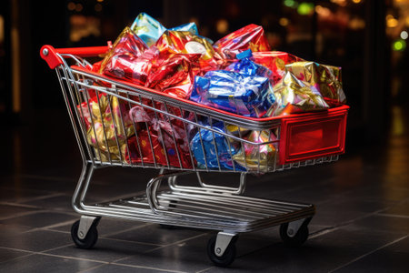An image of a shopping cart filled to the brim with beautifully wrapped presents, ready for gifting, Gifts snugly encased in wrapping paper, packed in a shopping trolley, AI Generatedの素材