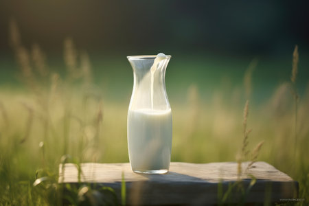 A single pitcher filled with milk sits on top of a plain wooden table, Glass milk bottle filling with fresh organic milk, AI Generatedの素材