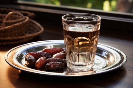 An image showing a glass of water resting on top of a metal plate with a reflective surface, Glass of water and dry dates on saucer ready to eat for iftar time, AI Generatedの素材