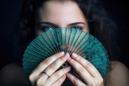 Woman Holding Green Fan in Front of Face, A Simple and Stylish Accessory, Girl covering her face with a fan of money in a close-up shot, with no hand deformation, AI Generatedの素材