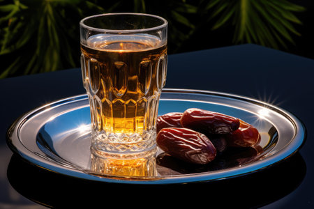 A glass of beer paired with some dates on a plate, offering a refreshing drink and a healthy snack option in one, Glass of water and dry dates on saucer ready to eat for iftar time, AI Generatedの素材