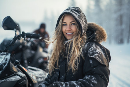A woman braves the snow to stand next to her motorcycle, ready for an exhilarating winter ride, Girl posing on snowmobile outdoors, AI Generatedの素材
