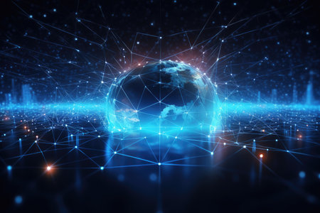 World Globe Surrounded by Lines and Dots, Global network connection is depicted in a futuristic technology background, rendered in 3D, AI Generatedの素材