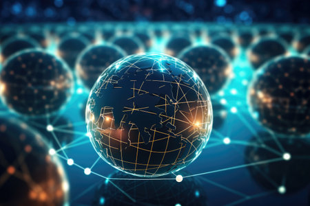 Sphere With Connected Lines and Dots, Geometric Shape Surrounded, Global network connection is depicted in a futuristic technology background, rendered in 3D, AI Generatedの素材