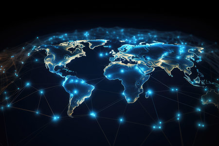 A world map showcasing an arrangement of lights across continents and countries, Global network connection on a world map hologram, black background, AI Generatedの素材