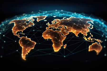 A visual representation of global networks showcased through lines and dots on a map of the world, Global network connection on a world map hologram, black background, AI Generatedの素材