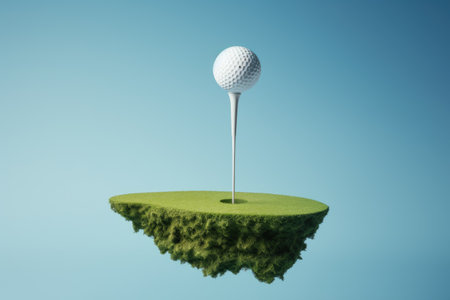 A tranquil sporting moment captured as a golf ball rests on top of a lush green island, amidst serene surroundings, golf tee, AI Generatedの素材